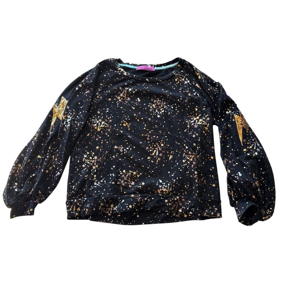Melissa Masse Black Gold Foil Star Splatter Sweatshirt Balloon Sleeve